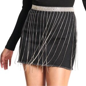 NEW blue b Black Long Rhinestone Fringe Festival Western Denim Jean Mini Skirt S